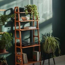 Mid Century Bookcase, 5-Tier Walnut Ladder Bookshelf, Wooden Bookshelf - thumbnail 2