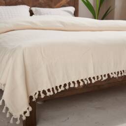 Beige Turkish Bedspread, Woven 100% Cotton Blanket, Ivory Bedspread, Natural Wedding Twin Boho Bedspread With Tassel - thumbnail 2