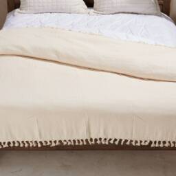 Beige Turkish Bedspread, Woven 100% Cotton Blanket, Ivory Bedspread, Natural Wedding Twin Boho Bedspread With Tassel - thumbnail 3