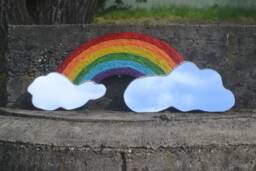 Rainbow Key Holder & 2 Clouds Wall Mirror, Frameless Mirrors, Rainbow Decor, Mirror With Key Holder, Unusual Cloud Shaped