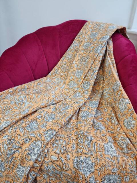 Kantha Stitch Pure Cotton Reversible Bed/Sofa Throw King Size Handmade Floral Indian Dohar Elegant Pastel Mustard Yellow White Garden Bloom - image 1