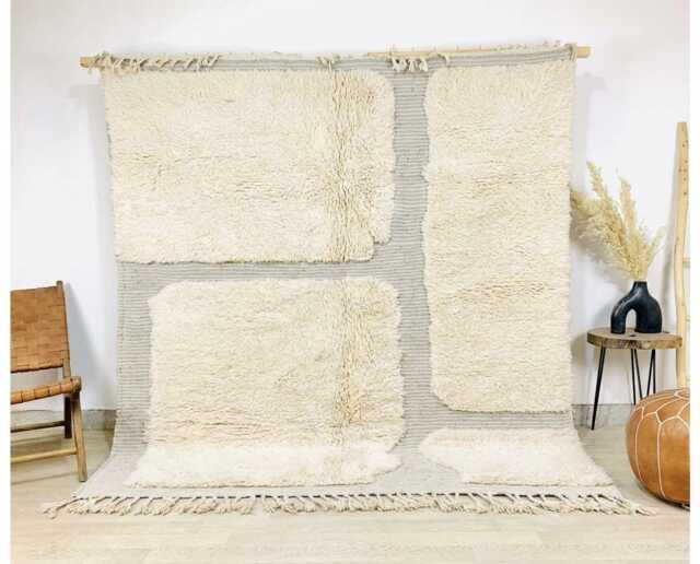 Ivory 3D Grid Rug - Large Area Handmade Berber Shag Monochrome Minimalist Decor Custom Checkered Wool Carpet 100% - image 1
