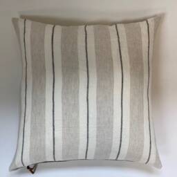 "Black White & Tan Striped Linen Pillow Cover Exposed Zipper-Leather Pull 14x24 20""22""24" - thumbnail 2