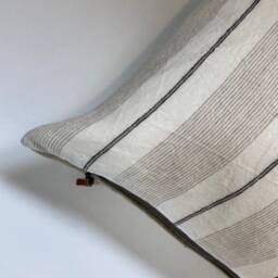 "Black White & Tan Striped Linen Pillow Cover Exposed Zipper-Leather Pull 14x24 20""22""24" - thumbnail 3