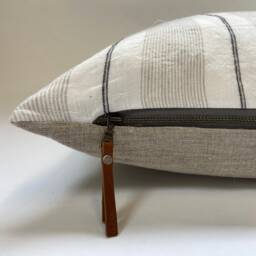 "Black White & Tan Striped Linen Pillow Cover Exposed Zipper-Leather Pull 14x24 20""22""24"
