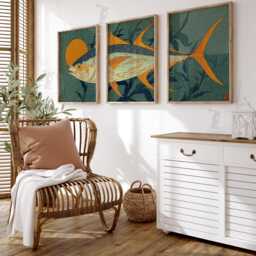 Tuna Fish Wall Art Set Of 3 - Ocean Sunset Prints Teal & Amber Marine Artwork Modern Coastal Decor For Living Room - thumbnail 2