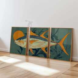 Tuna Fish Wall Art Set Of 3 - Ocean Sunset Prints Teal & Amber Marine Artwork Modern Coastal Decor For Living Room - thumbnail 1