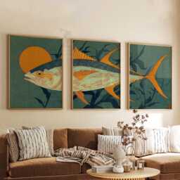 Tuna Fish Wall Art Set Of 3 - Ocean Sunset Prints Teal & Amber Marine Artwork Modern Coastal Decor For Living Room - thumbnail 3