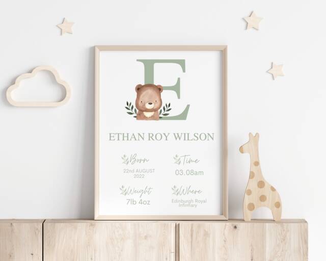 Baby Boy Birth Stats, Newborn Print, Details Personalised, Sage Green Bear Nursery - image 1