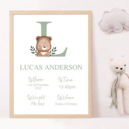 Baby Boy Birth Stats, Newborn Print, Details Personalised, Sage Green Bear Nursery - thumbnail 2