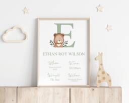 Baby Boy Birth Stats, Newborn Print, Details Personalised, Sage Green Bear Nursery - thumbnail 1