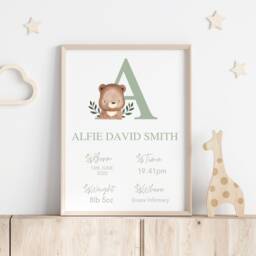Baby Boy Birth Stats, Newborn Print, Details Personalised, Sage Green Bear Nursery - thumbnail 3