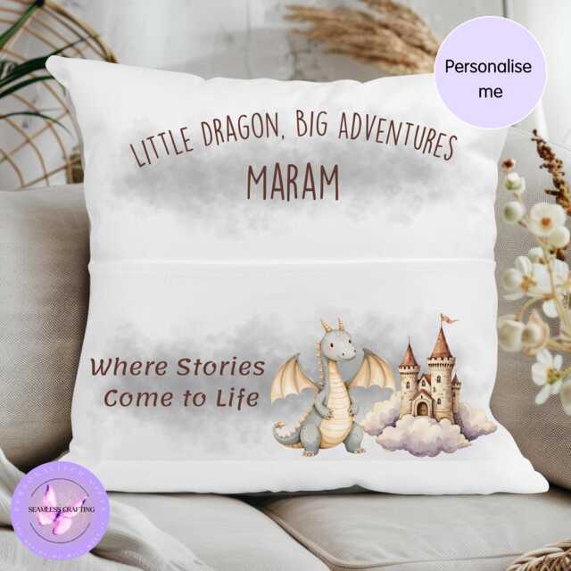 Personalised Dragon Reading Cushion With Pocket, Velvet Book Pillow For Kids, Custom Name Story Time Gift, Children Bedroom Decor - image 1