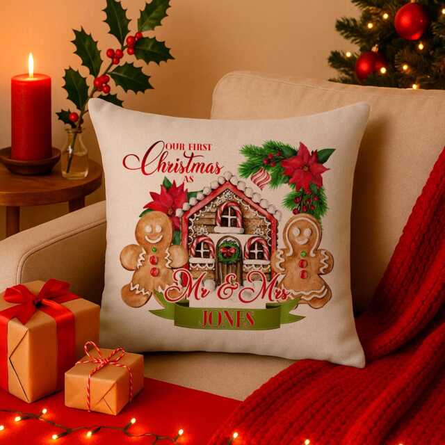 Personalised 1St Christmas Cushion Cover Mr & Mrs Gingerbread Couple First Xmas Custom Throw Pillow Stocking Filler Gift Ekcc02 - image 1
