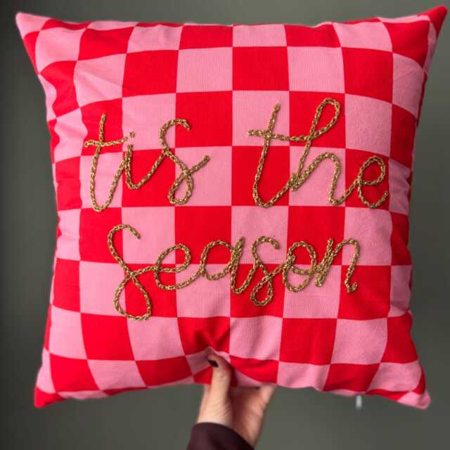 Embroidered Pink Christmas Cushion Maximalist Home Decor Gift Festive Tis The Season Glitter Hand - image 1