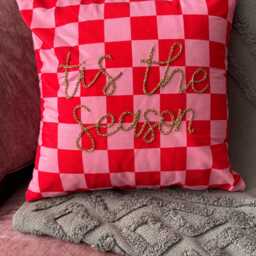 Embroidered Pink Christmas Cushion Maximalist Home Decor Gift Festive Tis The Season Glitter Hand - thumbnail 2