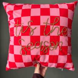 Embroidered Pink Christmas Cushion Maximalist Home Decor Gift Festive Tis The Season Glitter Hand - thumbnail 1