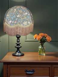 Handcrafted William Morris Teal Strawberry Thief Fabric Dome Lampshade Antique Gold Braid, Fringe, British Made - thumbnail 1