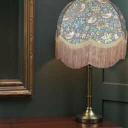 Handcrafted William Morris Teal Strawberry Thief Fabric Dome Lampshade Antique Gold Braid, Fringe, British Made - thumbnail 3