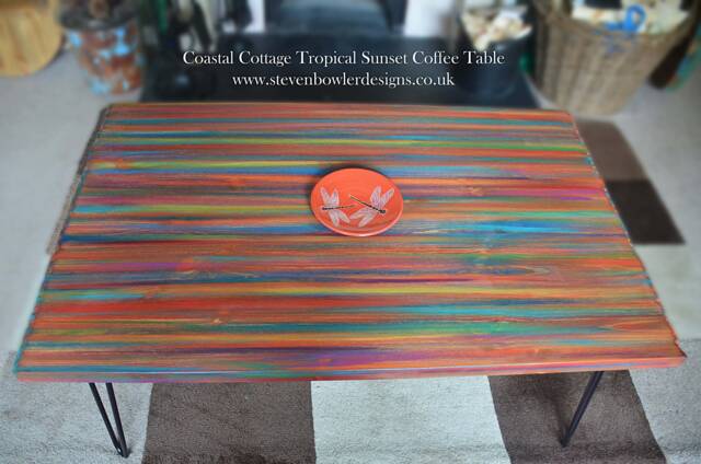 Rainbow Coffee Table Unique Hand Painted Tropical Sunset Colours Supplied With Black Hair Pin Or Tapered Wood Legs Coastal Art Furniture - image 1