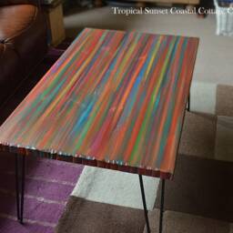 Rainbow Coffee Table Unique Hand Painted Tropical Sunset Colours Supplied With Black Hair Pin Or Tapered Wood Legs Coastal Art Furniture - thumbnail 3