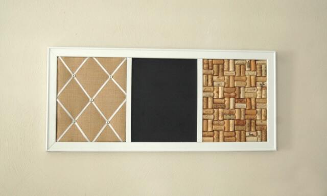 Burlap French Memo Board, Chalkboard & Wine Corkboard Large Kitchen Wall Organizer - image 1