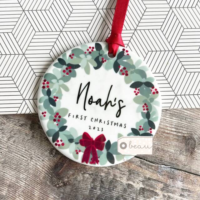 Personalised First Christmas Gift Baby Boy Girl Newborn Geometric Greenery Leaf Bow Design Ceramic Or Acrylic Round Ornament Keepsake