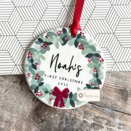 Personalised First Christmas Gift Baby Boy Girl Newborn Geometric Greenery Leaf Bow Design Ceramic Or Acrylic Round Ornament Keepsake