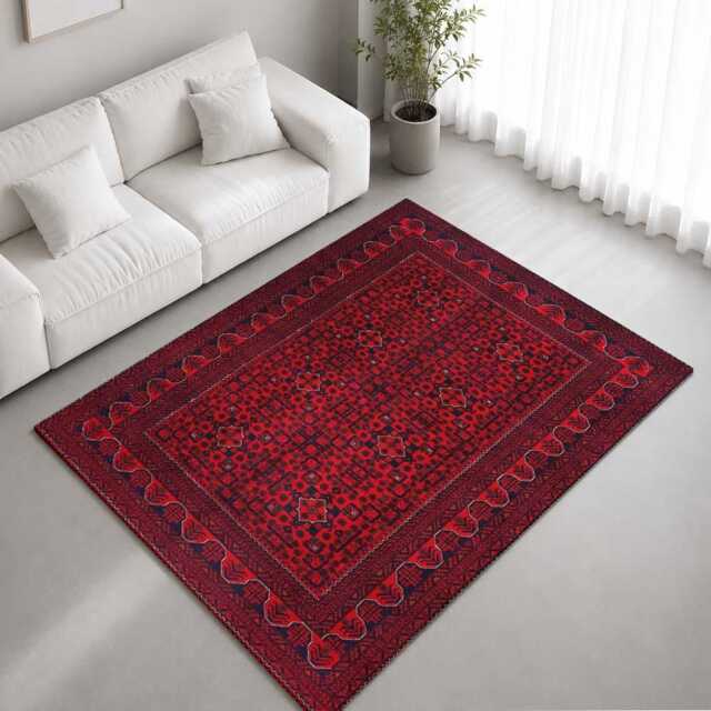Deep Red Black Traditional Geometric Rug Non-Slip Soft Area Carpet Bedroom Living Room Hallway Mat Decor - Made in UK - image 1