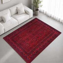 Deep Red Black Traditional Geometric Rug Non-Slip Soft Area Carpet Bedroom Living Room Hallway Mat Decor - Made in UK