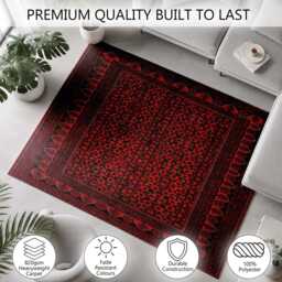 Deep Red Black Traditional Geometric Rug Non-Slip Soft Area Carpet Bedroom Living Room Hallway Mat Decor - Made in UK - thumbnail 3