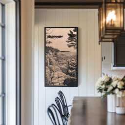 Acadia National Park Engraved Birch Wood Panel - Block Print Inspired Maine Wall Art, Nature Illustration, Coastal Scene Home Decor Gift - thumbnail 3