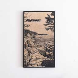 Acadia National Park Engraved Birch Wood Panel - Block Print Inspired Maine Wall Art, Nature Illustration, Coastal Scene Home Decor Gift - thumbnail 2