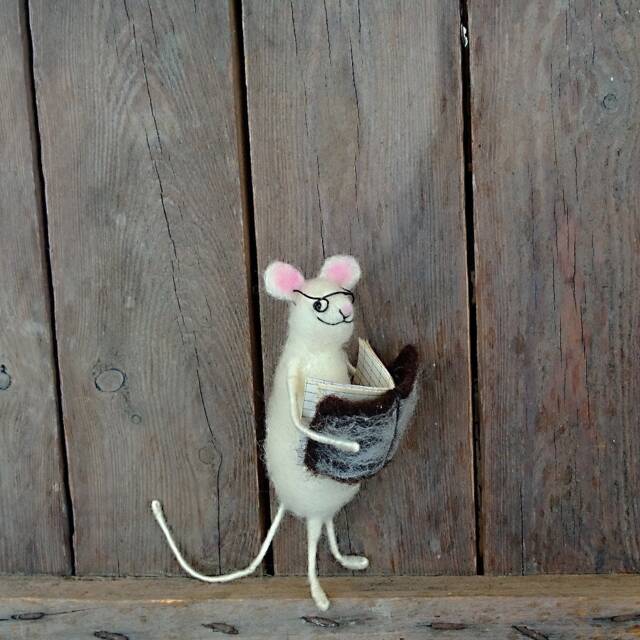 Felted Mouse With Book Glasses Needle Felt Animal Collectible Dollhouse Woolen Rat Waldorf Doll Teacher Gift Organic Figurine Back To School - image 1