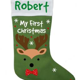 Personalized Baby Boy's First Christmas Stocking Handmade Cotton Reindeer - thumbnail 2