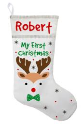 Personalized Baby Boy's First Christmas Stocking Handmade Cotton Reindeer