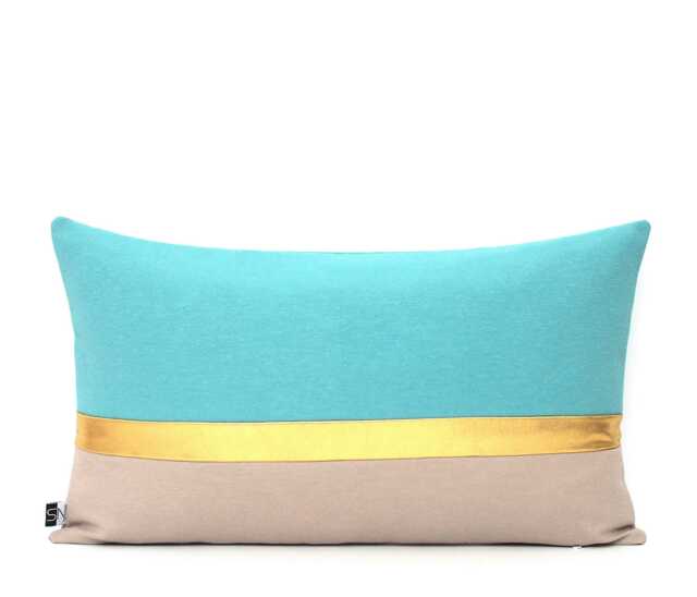 Turquoise, Stone & Metallic Gold Colorblock Pillow Cover, Throw, Lumbar All Sizes - image 1