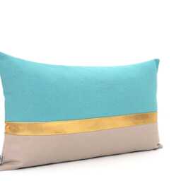 Turquoise, Stone & Metallic Gold Colorblock Pillow Cover, Throw, Lumbar All Sizes - thumbnail 2