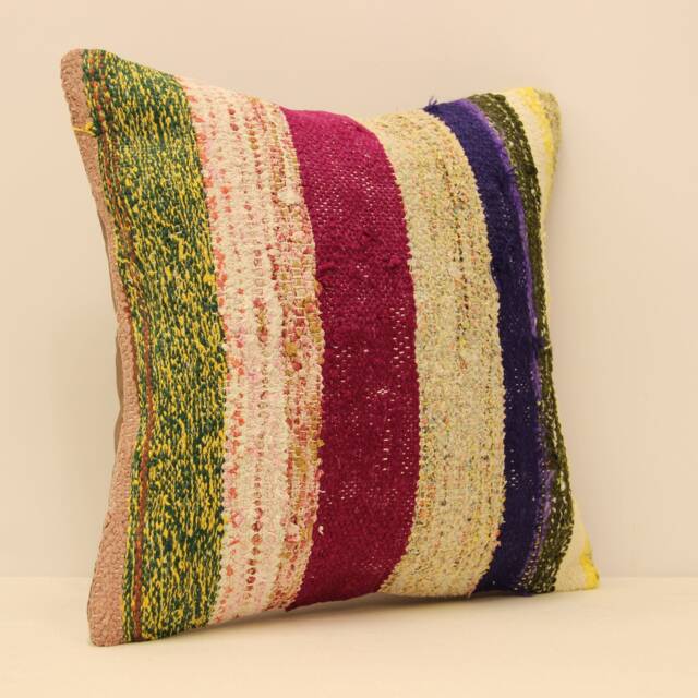 Vintage Turkish Kilim Pillow Cover, Ethnic Boho Cushion - 16x16 Inch - image 1