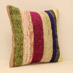 Vintage Turkish Kilim Pillow Cover, Ethnic Boho Cushion - 16x16 Inch - thumbnail 1