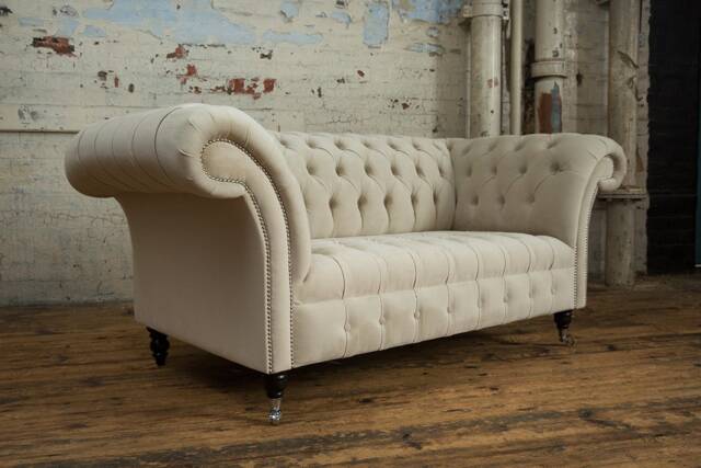 British Handmade Cream Velvet 2 Seater Chesterfield Sofa - image 1