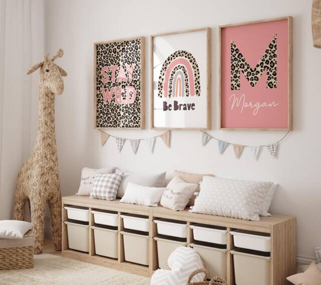Personalised Leopard Print Set Of Wall Prints, Kids Bedroom Decor, Rainbow, Nursery Art, Fun Playroom Print, Girl's Room 624 - image 1