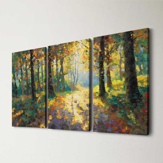 Woodland Oil Painting Wall Art, 3 Panel Split Canvas Art Forest Landscape Canvas, Nature Trees Artwork For Rustic Home Decor, Hangings - image 1