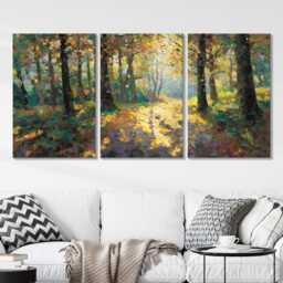 Woodland Oil Painting Wall Art, 3 Panel Split Canvas Art Forest Landscape Canvas, Nature Trees Artwork For Rustic Home Decor, Hangings - thumbnail 2