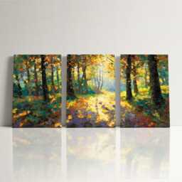 Woodland Oil Painting Wall Art, 3 Panel Split Canvas Art Forest Landscape Canvas, Nature Trees Artwork For Rustic Home Decor, Hangings - thumbnail 3