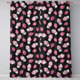 Cute Strawberry Milkshake Cupcake Black Background Seamless Pattern Readymade Eyelet Ring Top Thermal 100% Blackout Curtains - thumbnail 2