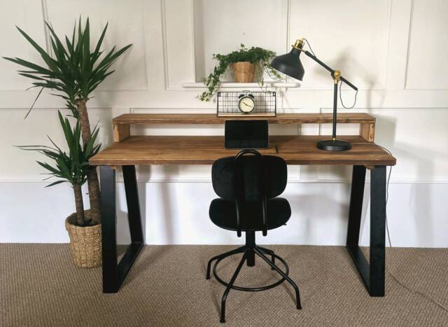 Rustic Reclaimed Desk With Monitor Shelf, Choice Of Trapezium/Hairpin Legs & Different Finishes - image 1