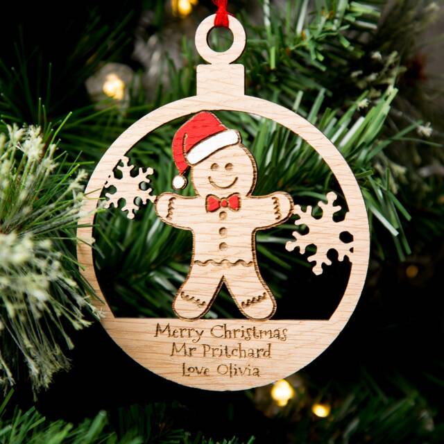 Teacher Christmas Present, Male Gift, Personalised Decoration, Bauble, Gingerbread Man - image 1