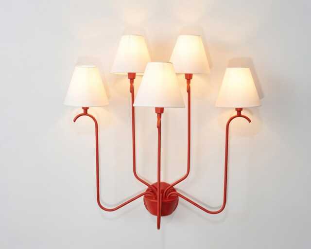 Wall Light Bold Red Modern Fixture, Artistic Five Shade Lamp With White Fabric Shades, Designer Lighting For Stylish Home Interiors - image 1