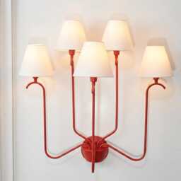 Wall Light Bold Red Modern Fixture, Artistic Five Shade Lamp With White Fabric Shades, Designer Lighting For Stylish Home Interiors - thumbnail 3